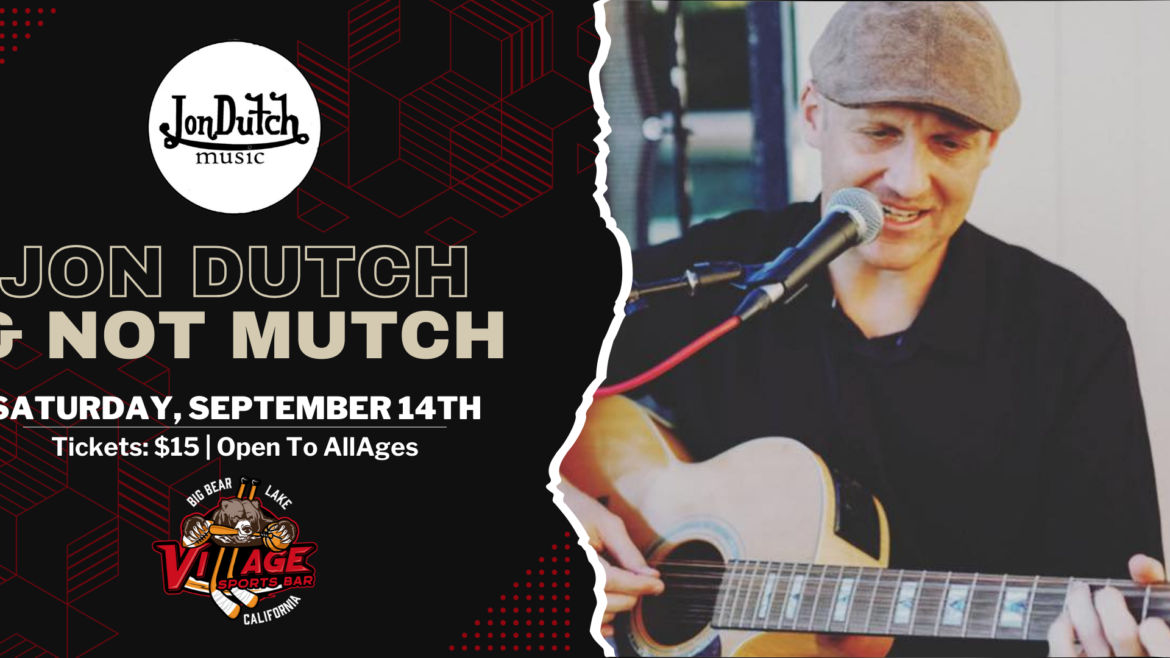 Jon Dutch playing guitar and singing into a microphone promoting his live performance at the Village Sports Bar on September 14th.