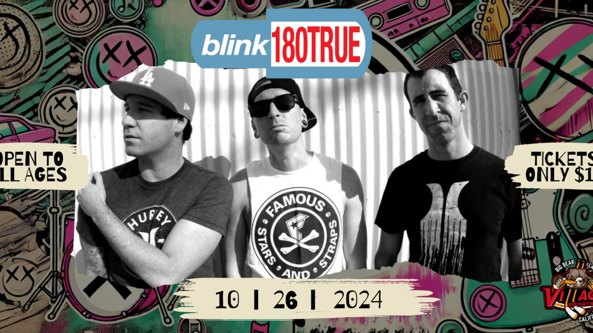 Blink-180TRUE band members posing in front of a colorful graffiti background with event details and Village Sports Bar logo.