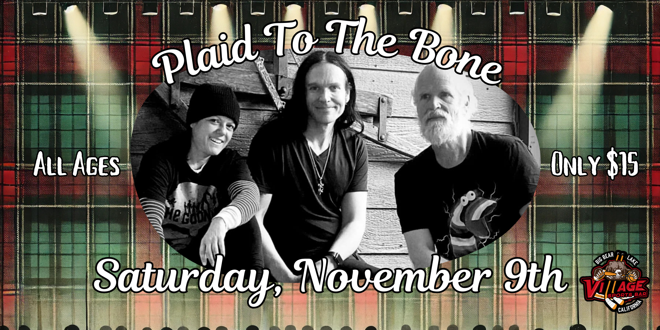 Plaid To The Bone performing live, showcasing 90s grunge and alternative rock hits at Village Sports Bar in Big Bear Lake.